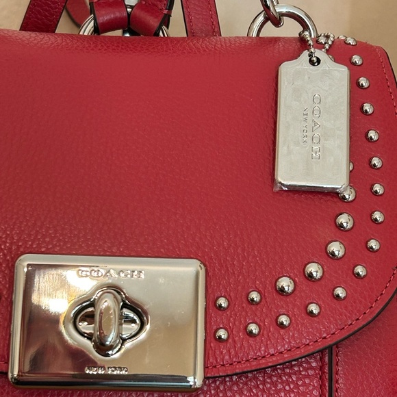 COACH Cassidy Pebble Leather Border Rivets Backpack/Top Handle inBright Cardinal - Picture 3 of 14